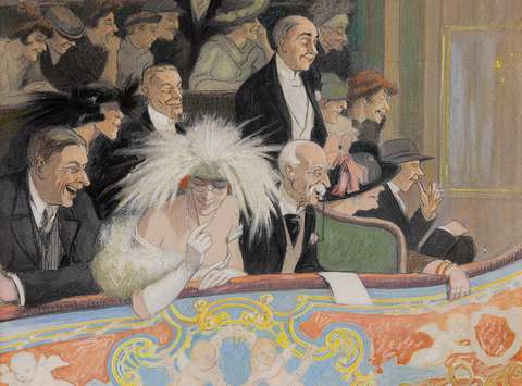 Stephanie Glax de Stadler (1876–1952): V gledališču okoli 1922 pastel in akvarel na papirju