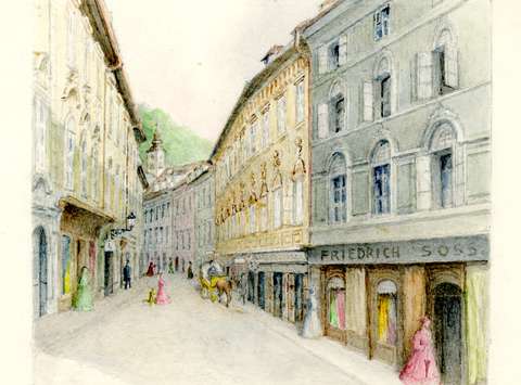 Špitalska ulica v Ljubljani, 1952, akvarel na papirju, 18,5 x 21 cm, Mestni muzej Ljubljana (MGML)